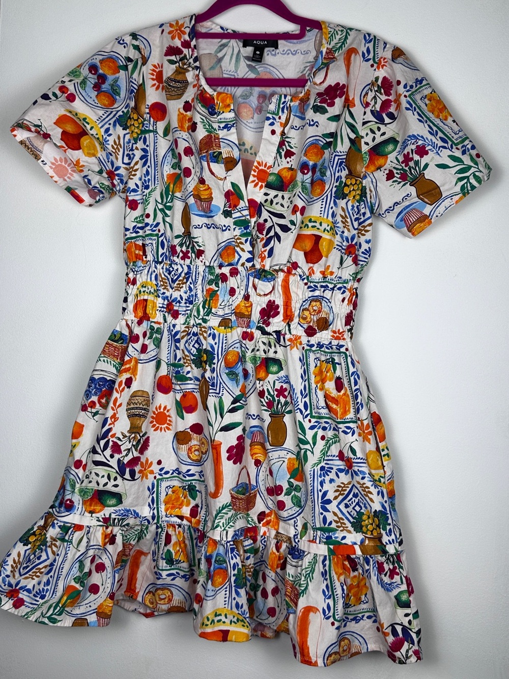 AQUA Colorful Mediterranean Fruit Print Mini Dress Size S Pockets